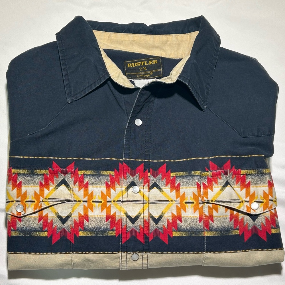 Wrangler Rustler Navy/Khaki XXL Pearl Snap Western Aztec Geometric Design